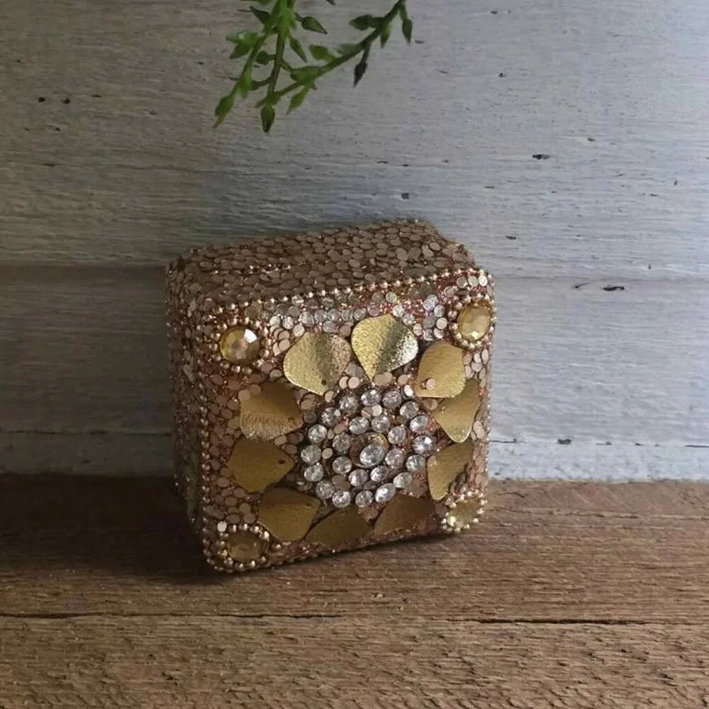 Vintage Beaded Gold Jewlry Box Tin Ring Earring Necklace Bling Storage Container
